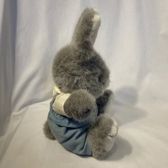 Vintage Gray Plush Bunny Rabbit Stuffed Animal with Blue Overalls 12" Sitting - Picture 4 of 10